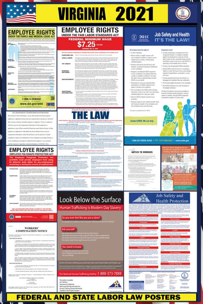 2021 Virginia State and Federal Labor Law Poster VA LABORLAWHRSIGNS