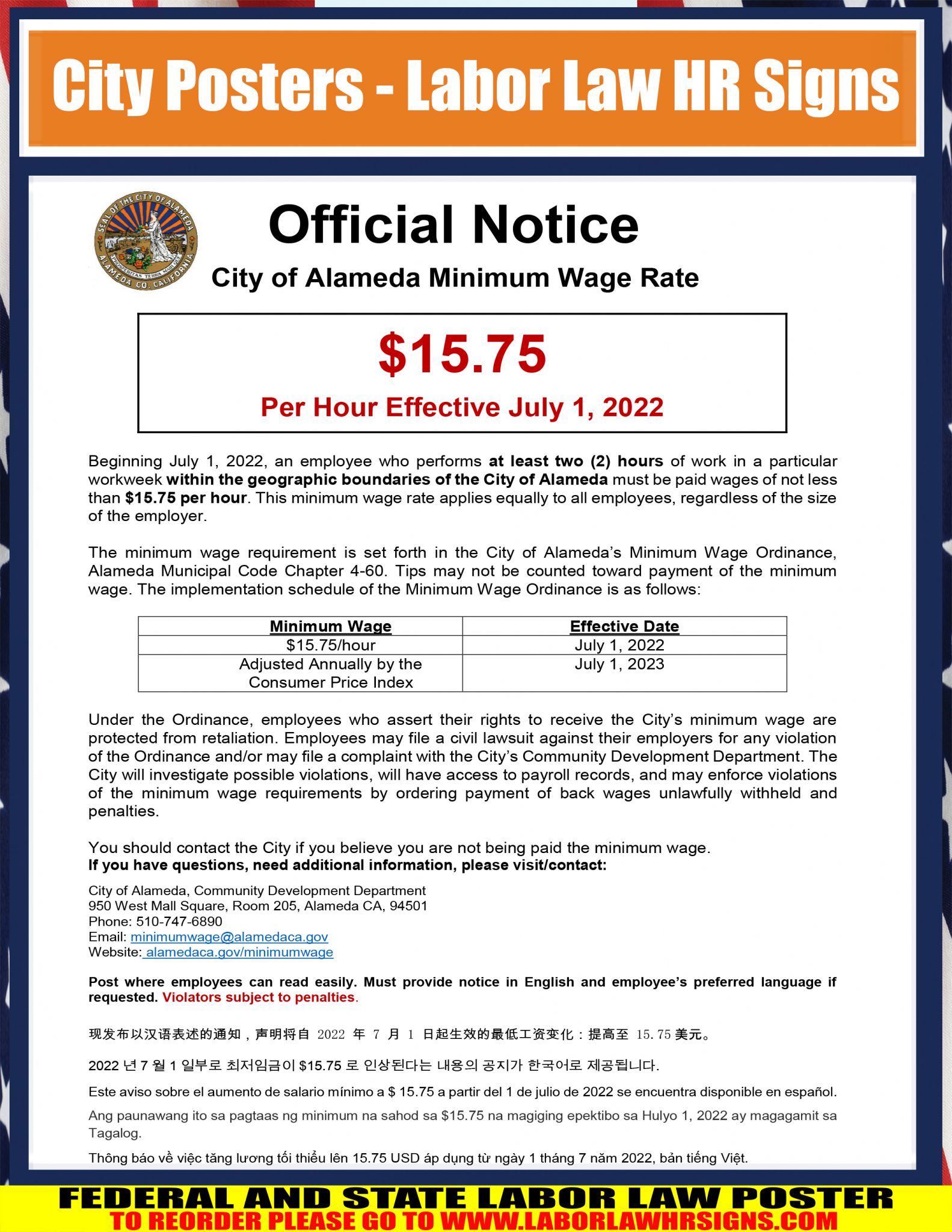 CALIFORNIA Alameda Minimum Wage City Poster LABORLAWHRSIGNS