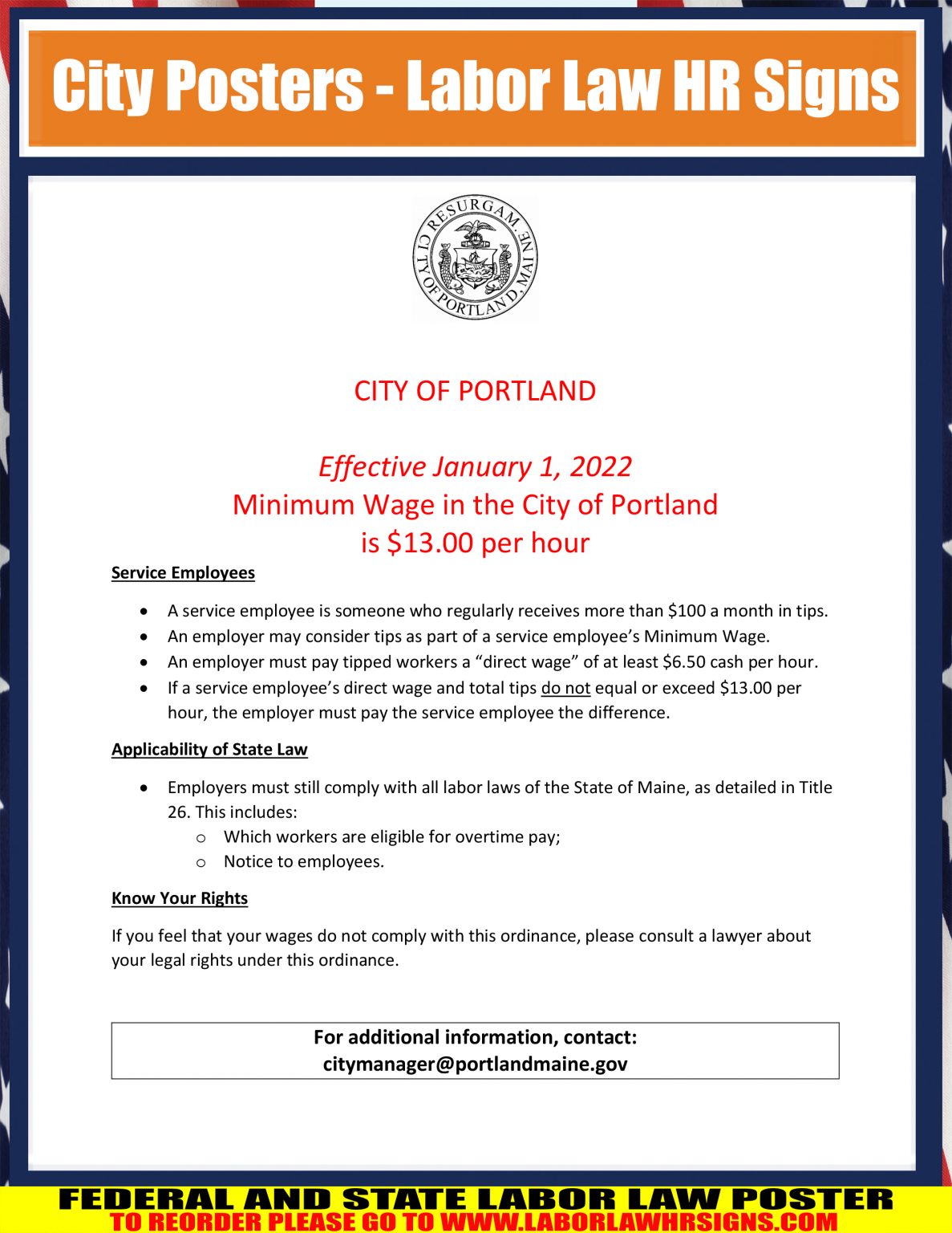 Maine Portland Minimum Wage City Poster LABORLAWHRSIGNS